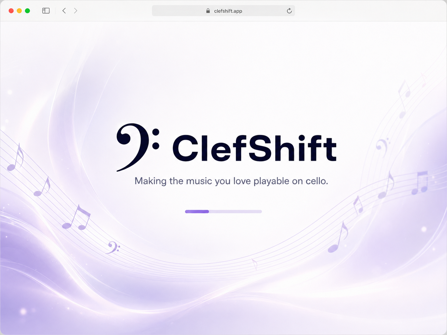 ClefShift title screen: Making the music you love playable on cello.