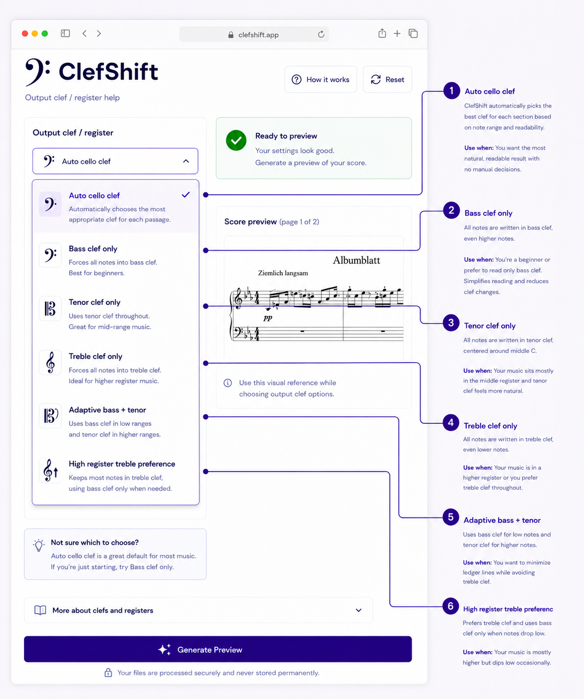 Annotated clef options with automatic, bass, tenor, treble and adaptive modes and guidance for choosing.