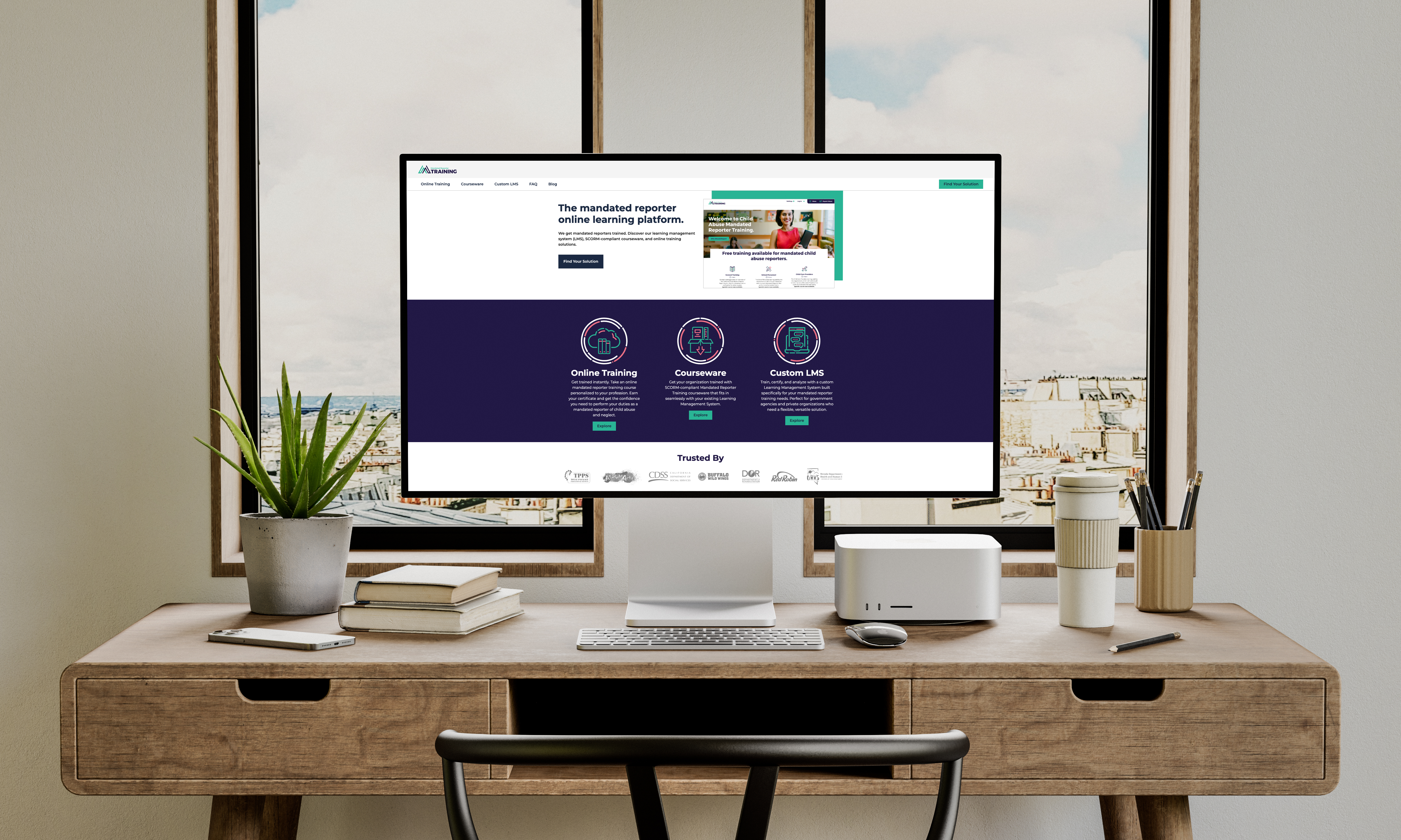 Mandated Reporter Training website mockup displayed on a desktop monitor