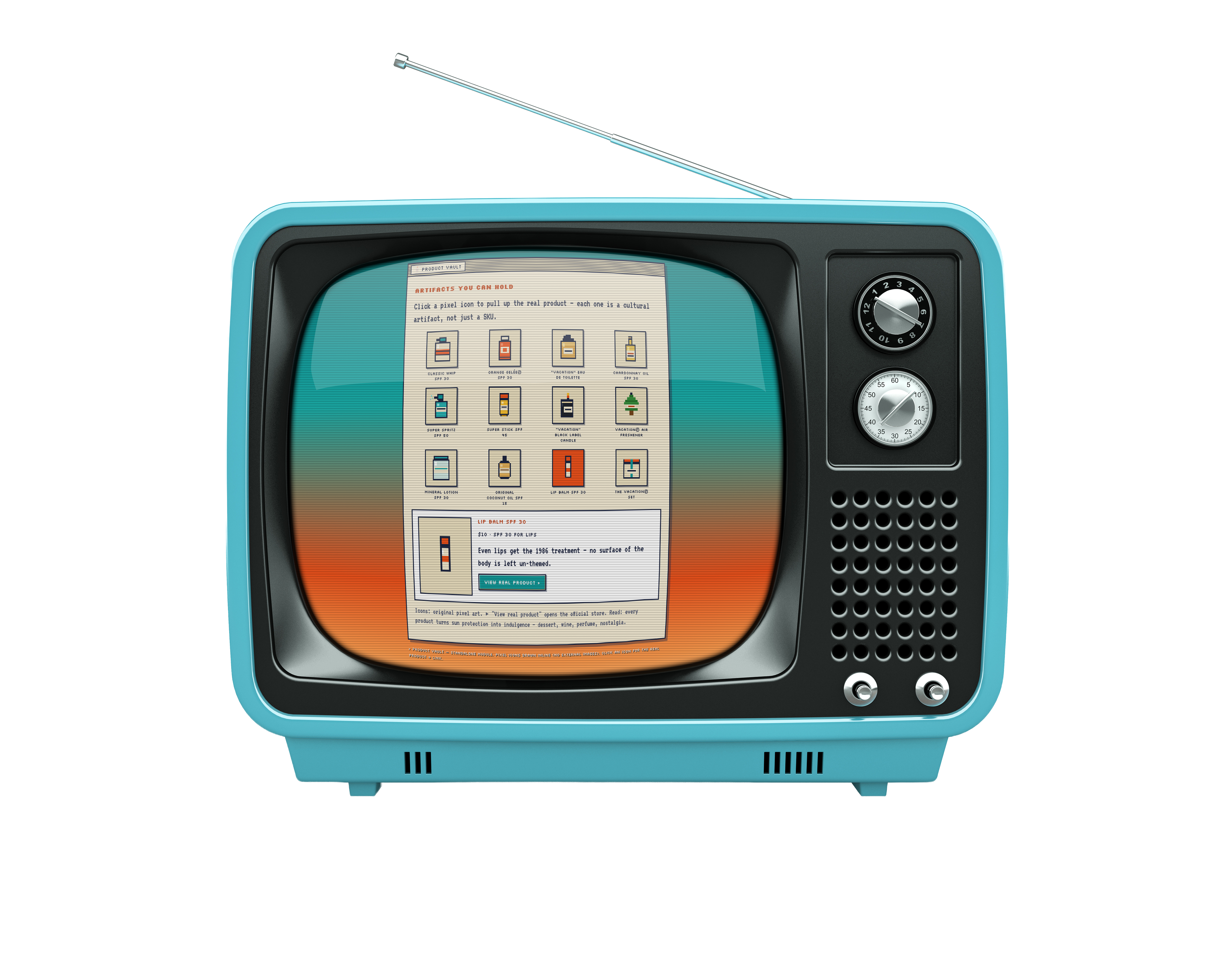 Blue vintage television displaying the Vacation Product Vault pixel-art catalogue